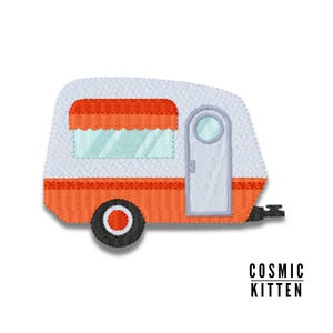 May include: A white and orange camper with a red awning, a round window, and a door. The camper has a black tyre with a red circle in the centre.