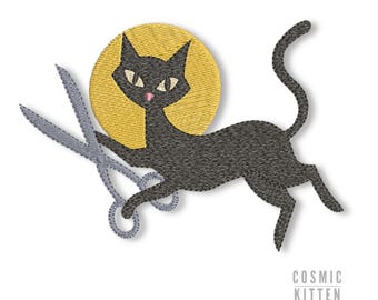 Motif de broderie machine Chat Noir Rétro | Chat Coucher de Soleil | 3 tailles | Téléchargement instantané
