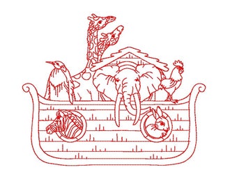 Redwork Noah's Ark Quilt Block 1 - Machine Embroidery Design in 3 sizes