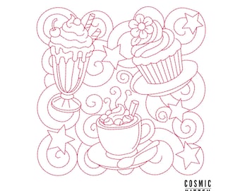 Motif de broderie Machine Redwork bloc de courtepointe alimentaire | Nourriture de café | 4 x tailles | Téléchargement instantané
