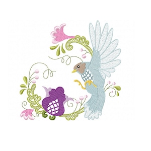 Jacobean Flora and Fauna Machine Embroidery Design 7.26 x 7.18 inches - Instant Download - Flower and Bird