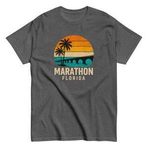 Marathon Florida Retro Sunset T-Shirt | Vintage Palm Tree Bridge Shirt | Distressed Coastal Beach Vacation Souvenir Tee