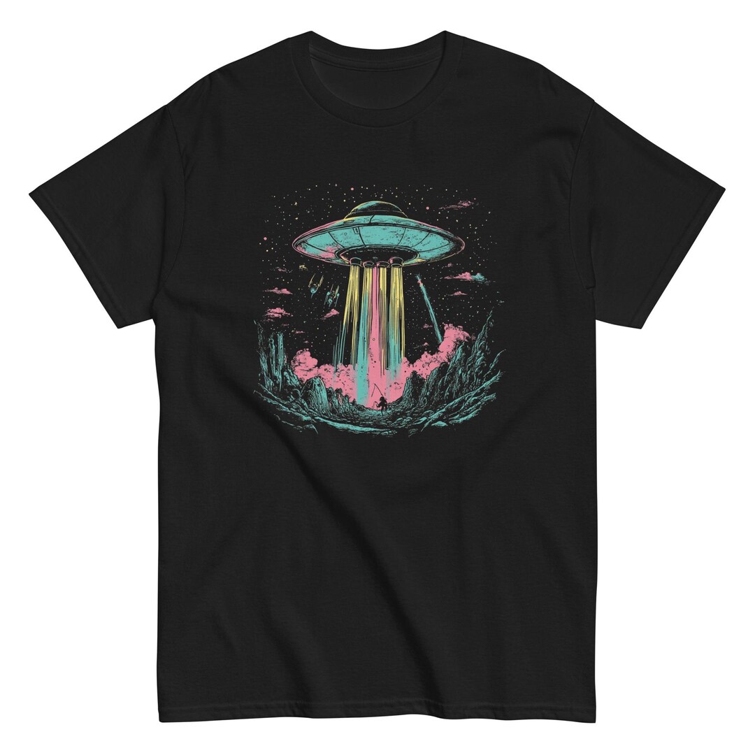 Retro Neon UFO Alien Abduction T-shirt – Trippy Space Art Vintage Sci ...