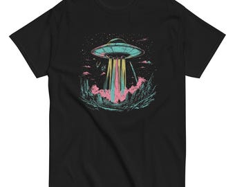 Retro Neon UFO Alien Abduction T-Shirt – Trippy Space Art Vintage Sci-Fi Graphic Tee