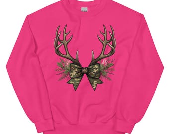 Deer Antlers Sweatshirt Camo Bow Hunting Crewneck Rustic Woodland Cozy Outdoorsy Gift