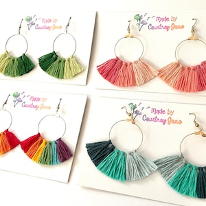 Ombre Rainbow Tassel Fringe Hoop Earrings, boho statement earrings