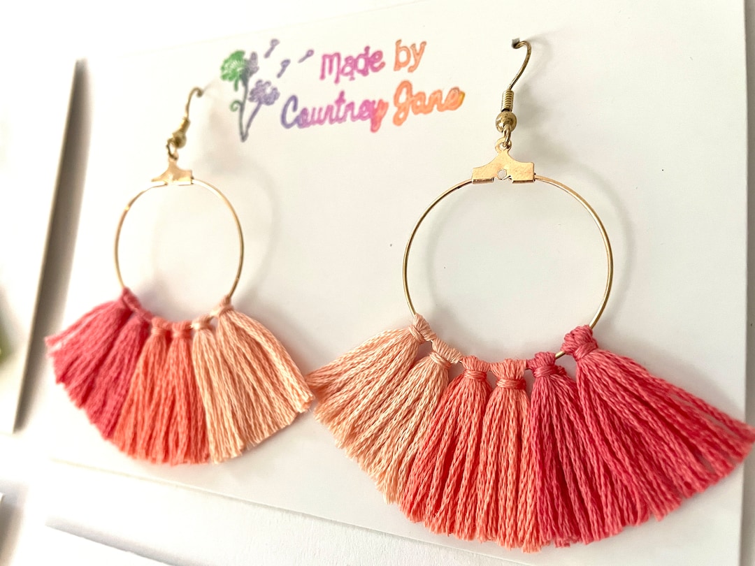 Ombre Rainbow Tassel Fringe Hoop Earrings, Boho Statement Earrings - Etsy