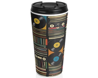 Retro Vinyl Record Travel Mug, Music Lover Coffee Cup, Vintage Drinkware