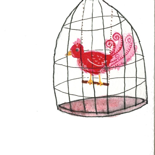 Red Bird, Original Imaginary Exotic Bird in Vintage Cage Watercolor Ink Drawing, Postcard Size