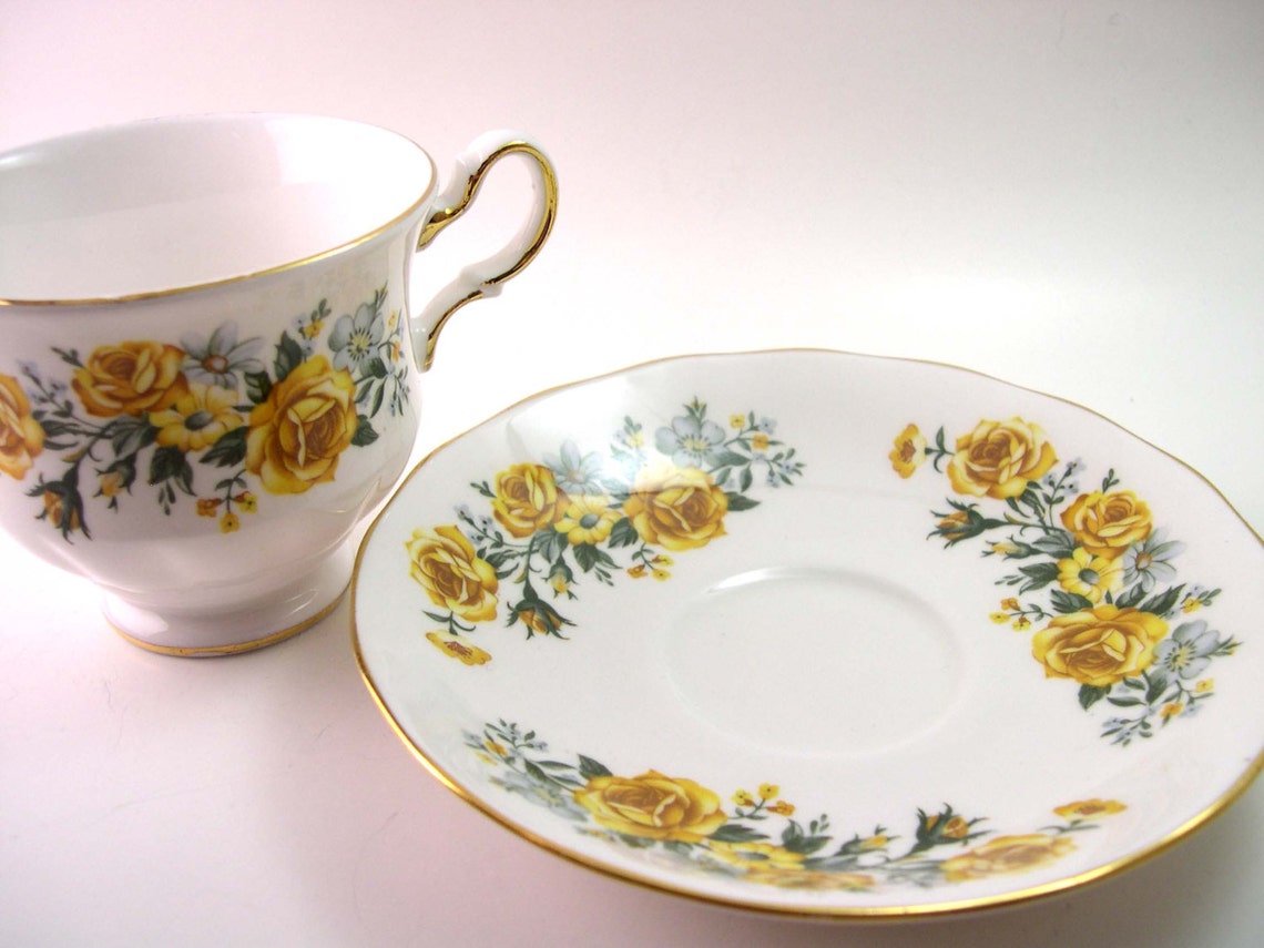 Antique Royal Vale White Tea Cup & Saucer, Yellow Roses on White Tea