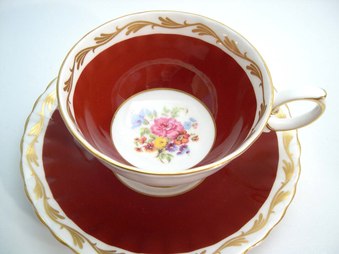 Antique Susie Cooper Tea Cup and Saucer Set, Maroon Red and Gold Tea ...
