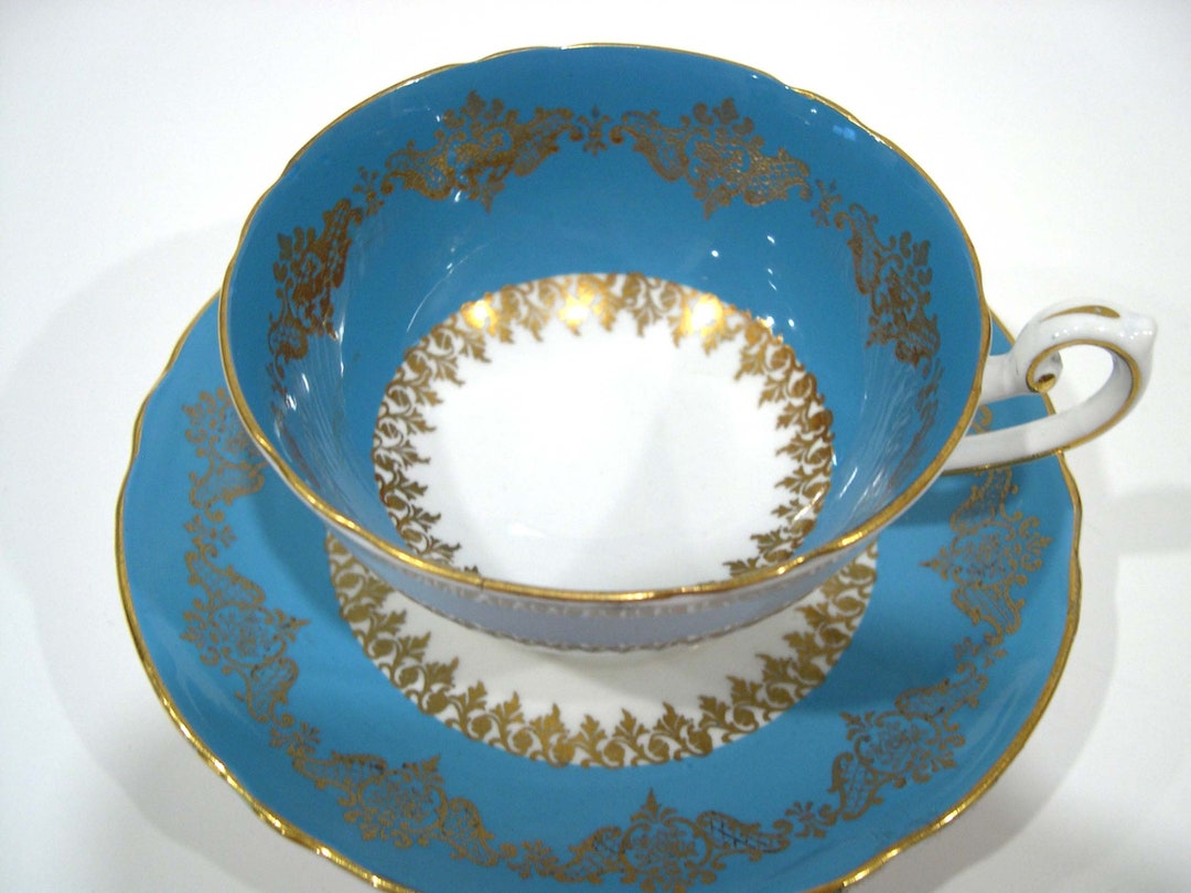 Rare SHELLEY Tea Cup and Saucer, Shelley Turquoise and Gold Teacup Set, Shelley Lincoln Shape