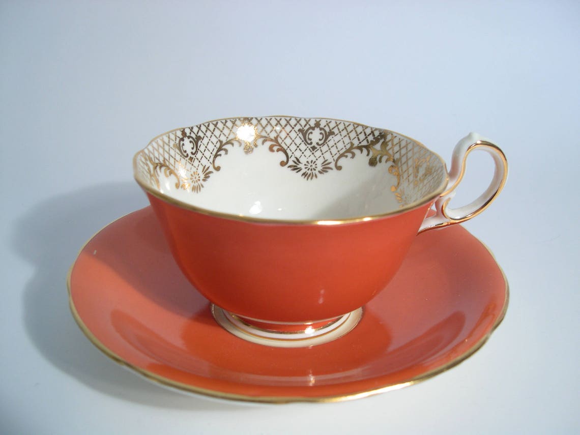 Aynsley Floral Tea Cup and Saucer Set Orange and Gold Tea Cup Etsy Canada
