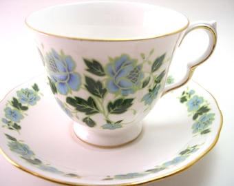 Antique Royal Vale WhiteTea Cup & Saucer, Spray of Blue Flowers, English tea cup and saucer set