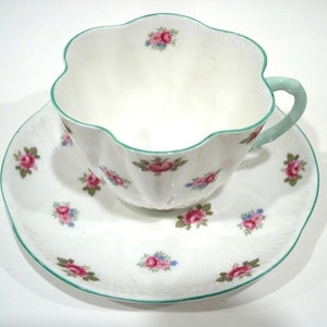 SHELLEY Rosebud Tea Cup And Saucer,  Shelley Dainty White Teacup with Pink Rosebuds.