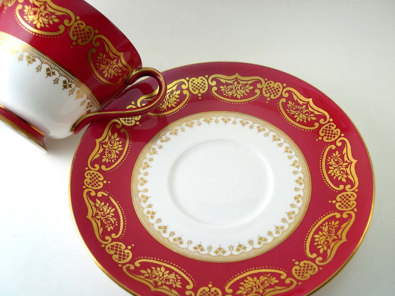 Antique SHELLEY Tea Cup And Saucer Marroon Red and white tea cup and saucer Shelley china Red tea cup.