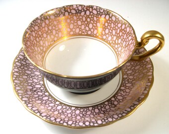 Rare 1930's Victoria  C & E Tea cup And Saucer, Black and Pink tea cup set with Gold Chintz.