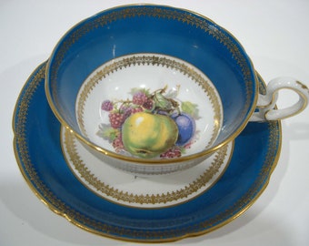 Antique  Royal Grafton  dark turquoise and gold Tea Cup And Saucer, Fruit orchard tea cup set, English tea cup and saucer set.