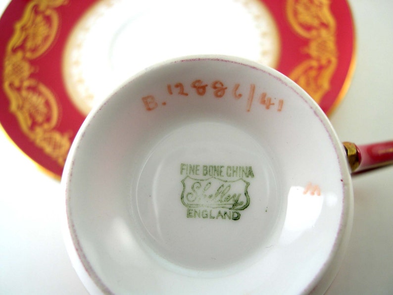 Antique SHELLEY Tea Cup And Saucer Marroon Red and white tea cup and saucer Shelley china Red tea cup.
