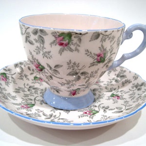 Pink Tuscan Chintz Tea Cup And Saucer, Pink tea cup and saucer, Grey Chintz and pink flowers