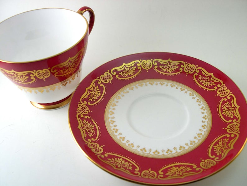 Antique SHELLEY Tea Cup And Saucer Marroon Red and white tea cup and saucer Shelley china Red tea cup.