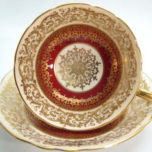 Antique 1940's Paragon Tea cup And Saucer, Maroon Red with gold tea cup, Gold scroll tea cup set, Gold Medallion image 1