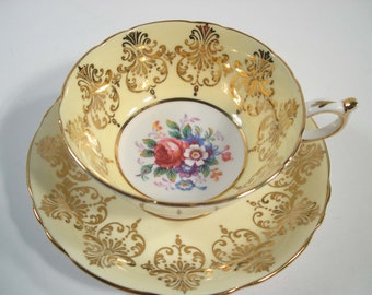 Yellow Paragon Tea cup And Saucer, Gold filligree on Yellow teacup and saucer, Floral Teacup and Saucer.