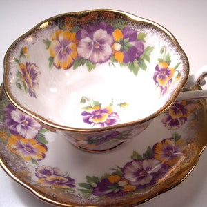 Royal Albert Tea Cup and Saucer, Yellow and Purple Pansies,  Heavy Brushed Gold set.