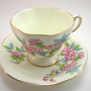Antique Foley Tea cup and saucer set, Yellow with Bouquet of flowers, Handpainted tea cup and saucer,Fine Bone China, English tea set image 2