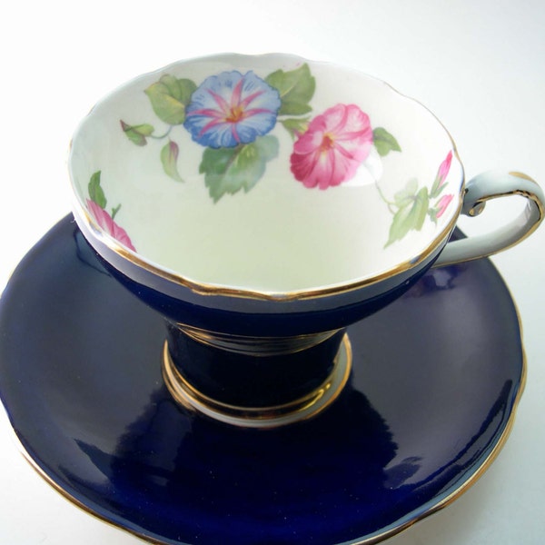 RESERVE for S. Antique Aynsley Cobalt Blue  tea cup and saucer, English tea cup set, Cobalt blue and gold tea cup set, Pink and blue flowers