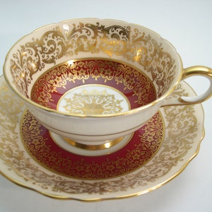 Antique 1940's Paragon Tea cup And Saucer, Maroon Red with gold tea cup, Gold scroll tea cup set, Gold Medallion image 2