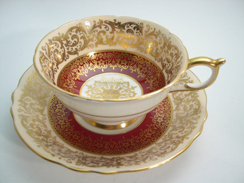 Antique 1940's Paragon Tea cup And Saucer, Maroon Red with gold tea cup, Gold scroll tea cup set, Gold Medallion image 2