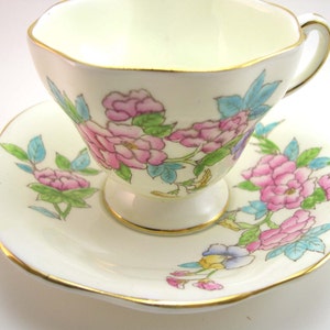 Antique Foley Tea cup and saucer set, Yellow with Bouquet of flowers, Handpainted tea cup and saucer,Fine Bone China, English tea set image 1