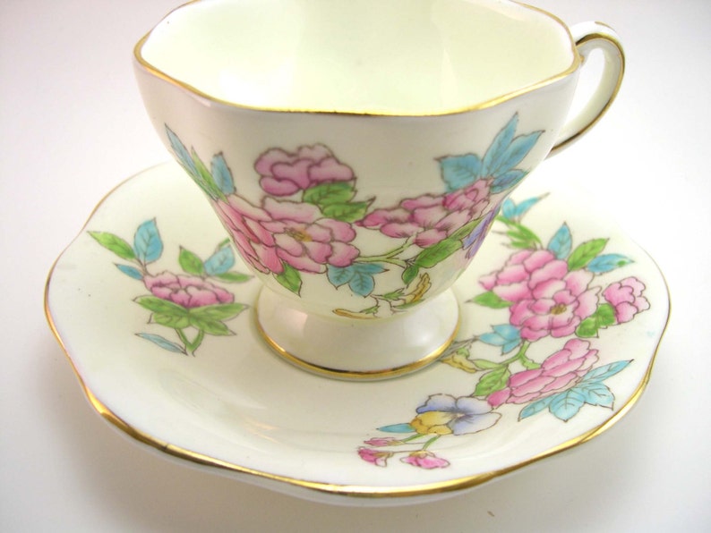 Antique Foley Tea cup and saucer set, Yellow with Bouquet of flowers, Handpainted tea cup and saucer,Fine Bone China, English tea set image 1