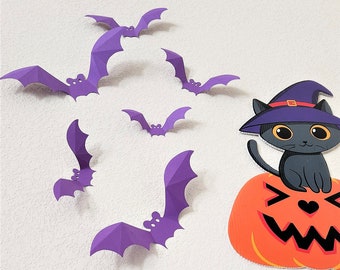 Halloween decorations, 3D Bats, Paper bats for Halloween, Purple bat wall decals, Handmade halloween wall decor, Halloween wall decorations.