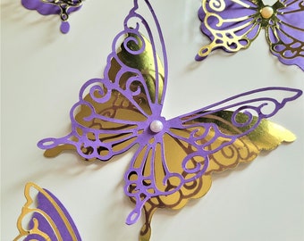 3D Paper butterfly cutouts, 3D gold paper butterflies, purple and pink paper butterfly die cuts, purple butterflies, butterfly wall art