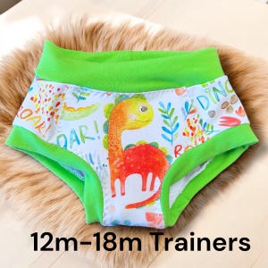 May include: Green and white training underwear with a dinosaur print and the words "Roar!" and "Dino". The underwear is for a 12-18 month old child.