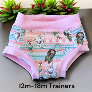 May include: Pink training pants with a colorful print of cartoon characters from the movie Moana. The print includes a pig, a rooster, and a man with a fish hook. The pants have a pink elastic waistband and are labeled "12m-18m Trainers".