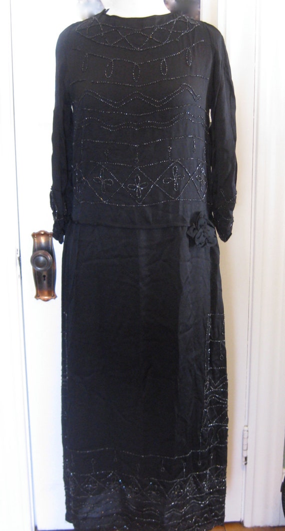 1920's Silk Charmeuse Jet Beaded Dress