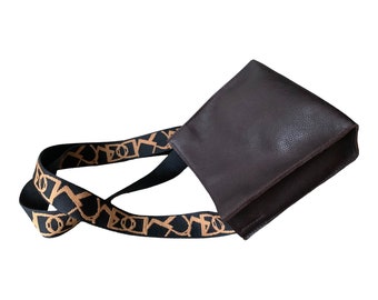 Dark brown small square leather crossbody bag with patterned fabric strap unique