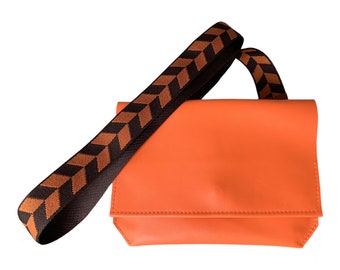 Orange crossbody calfskin bag with fabric strap - unique tough leather clutch with large inside pocket