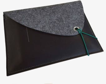Leder-Filztasche für iPad Pro 129 exklusiver grau- dunkelbrauner MacBook 13/ 14  Schutz mit extra Fach für Stift