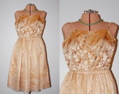 FREE SHIP Vintage 1950s Golden Girls Shiny Metallic Leaves Brocade Sleeveless Juniors Dance Party Prom Dress Frock Glam Size XS Small