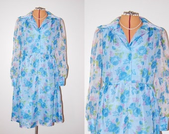 FREE SHIPPING Vintage 1950s Iridescent Shirtwaist Dress Frock Periwinkle Blue Rose Garden Butterfly Sheer Mad Men Glamour. Size Small Medium