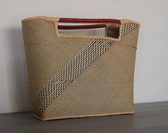 FREE SHIP Woven Handbag Clutch Purse Box Bag - Natural Handmade African Straw Grass Leather Handled Shopper Basket Minimalist Small Size