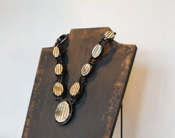 FREE SHIPPING Textured Statement Necklace - Tibetan Beads - Long Classic Statement Chunky Jewelry - Brown Black White Circular