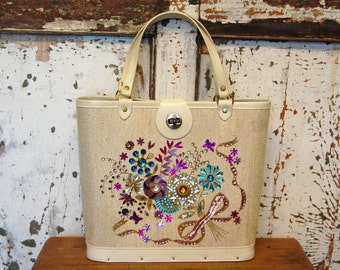 Retro 1960s Floral Bouquet Vintage Enid Collins Style Jeweled Embellished Vegan Handbag Purse Oatmeal Canvas Tote Shabby Chic