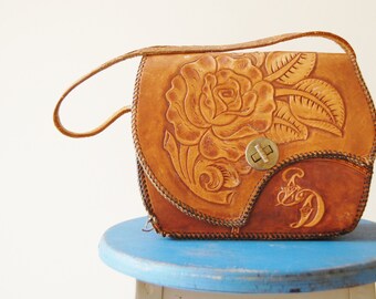 FREE SHIP Retro 1940s 1950s Tan Leather Hand Tooled Floral Flower Southwestern Vintage Travel Weekend Box Bag Shoulder Handbag Purse Satchel