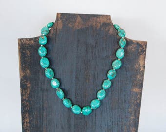 FREE SHIPPING Textured Turquoise Color Necklace - Tibetan Beads - Classic Statement Jewelry - Bright Blue Green