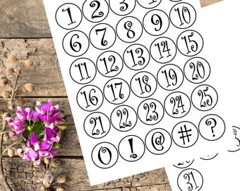 Set of Individual Black and White Circle Numbers 0-31 with ! @ # and ?